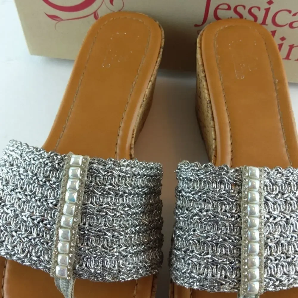 Jessica Cline Debut silver cork wedge heel slides